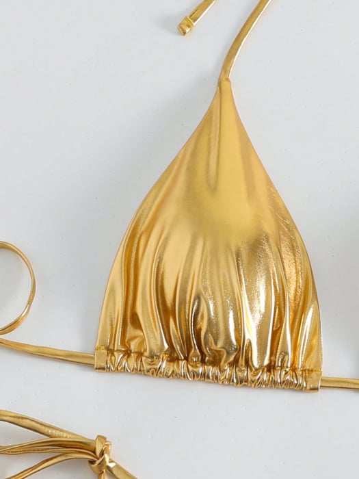 Costum de baie auriu, din 2 piese, cu aspect stralucitor [3]