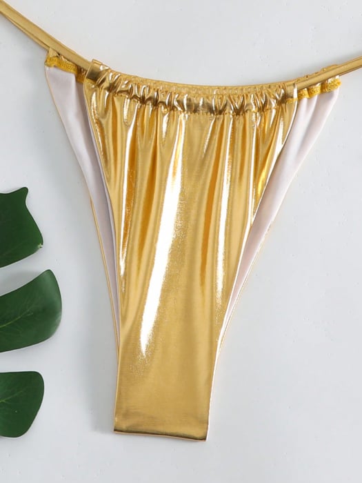 Costum de baie auriu, din 2 piese, cu aspect stralucitor [4]