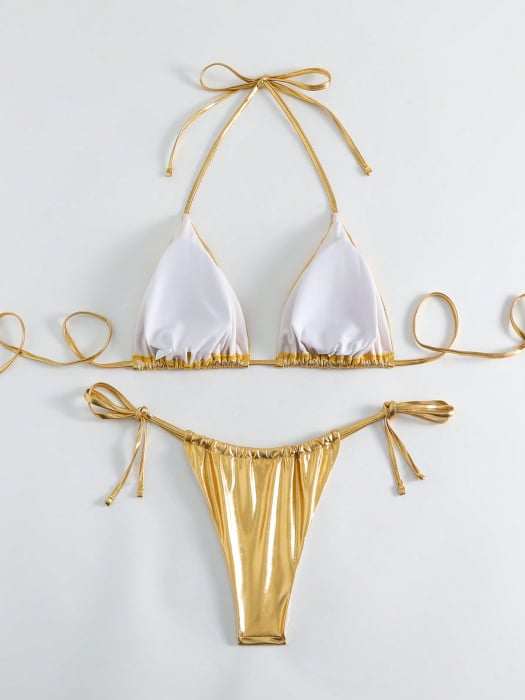 Costum de baie auriu, din 2 piese, cu aspect stralucitor [5]