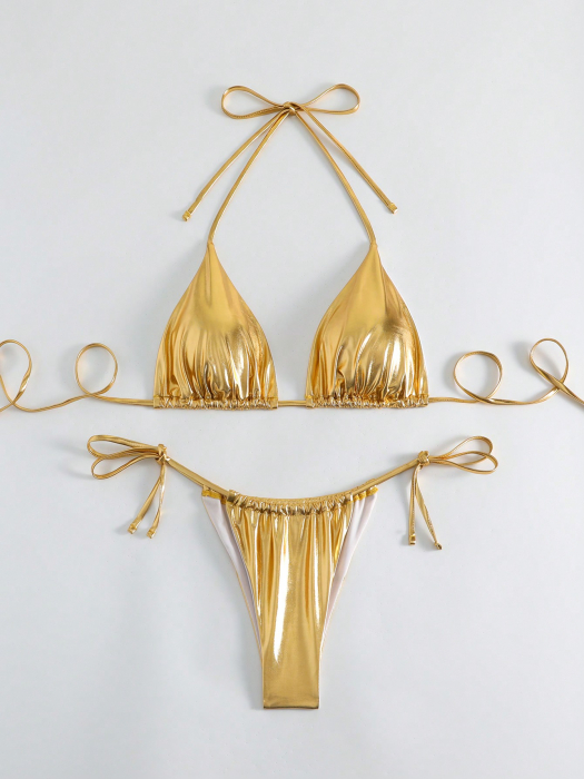 Costum de baie auriu, din 2 piese, cu aspect stralucitor [6]