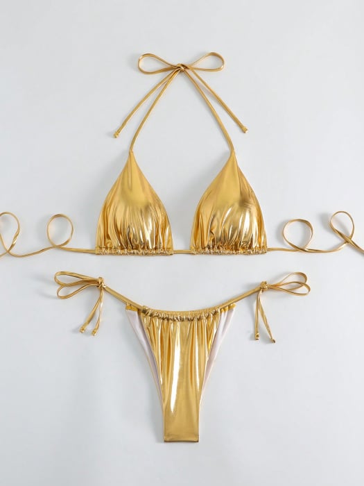 Costum de baie auriu, din 2 piese, cu aspect stralucitor [6]