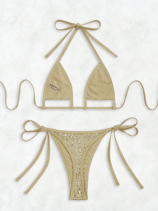 Costum de baie, auriu din 2 piese, cu paiete si slip tanga [4]