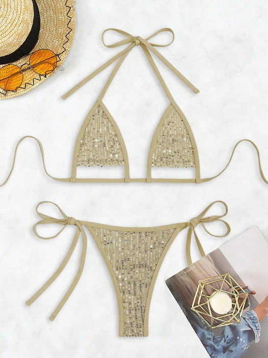 Costum de baie, cu decupaj,  din 2 piese, cu paiete si slip tanga [3]