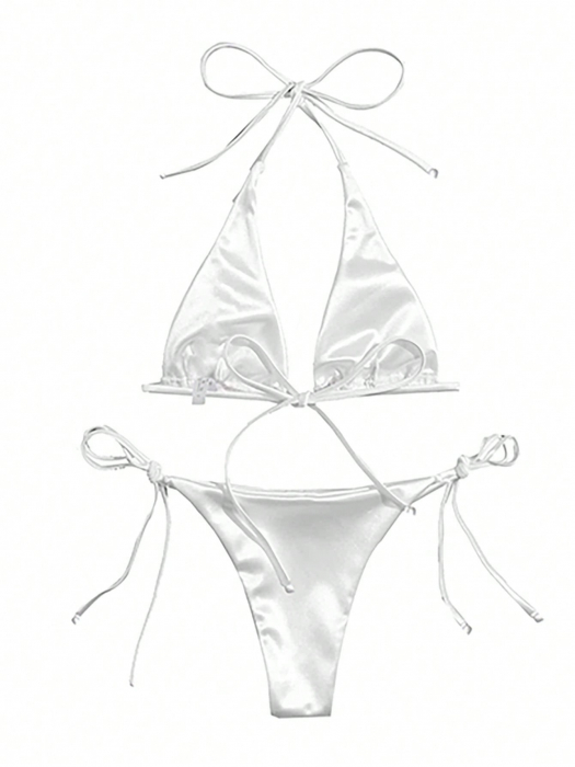 Costum de baie din 2 piese, alb, cu aspect sidefat [2]