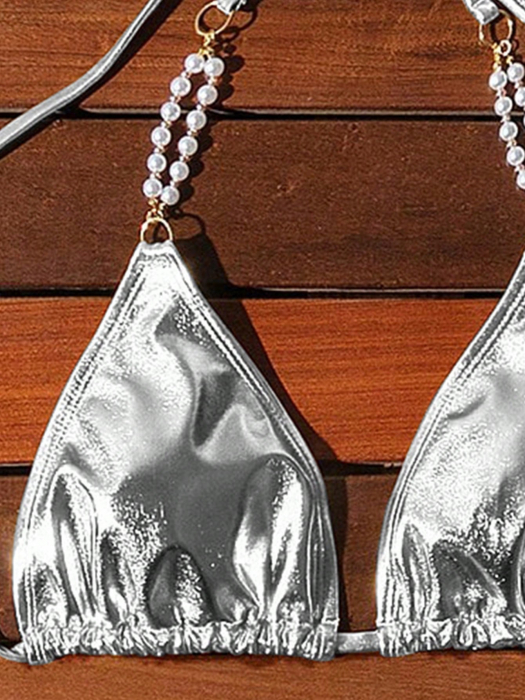 Costum de baie din 2 piese, argintiu, cu accesorii metalice [4]