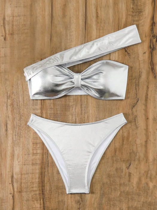 Costum de baie din 2 piese, argintiu, cu accesorii metalice [3]