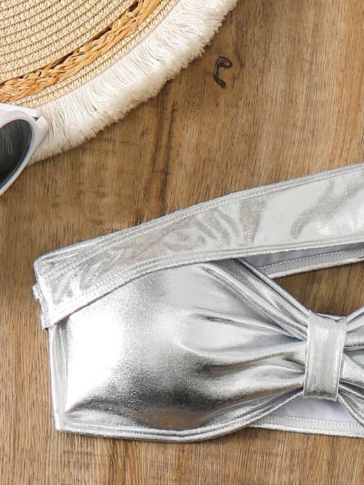 Costum de baie din 2 piese, argintiu, cu accesorii metalice [6]