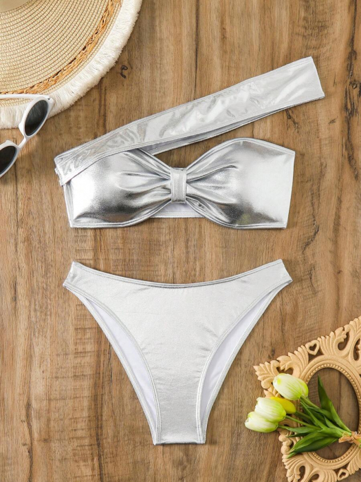 Costum de baie din 2 piese, argintiu, cu accesorii metalice [7]