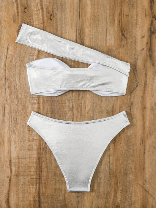 Costum de baie din 2 piese, argintiu, cu accesorii metalice [4]