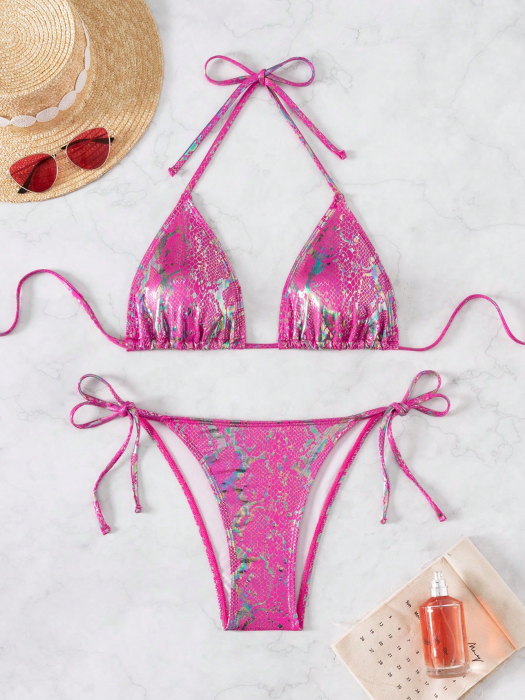 Costum de baie din 2 piese, roz cu imprimeu snake [3]