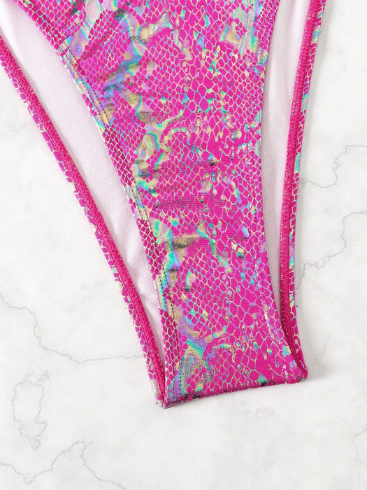 Costum de baie din 2 piese, roz cu imprimeu snake [5]