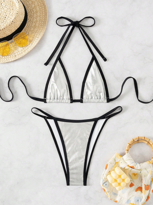 Costum de baie din 2 piese cu aspect metalic, argintiu [4]