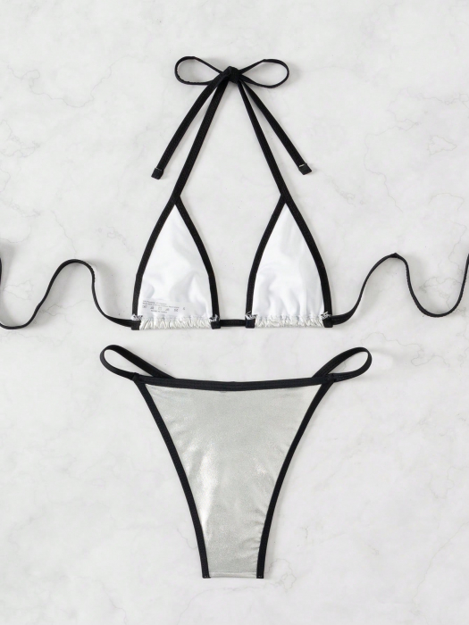 Costum de baie din 2 piese cu aspect metalic, argintiu [3]