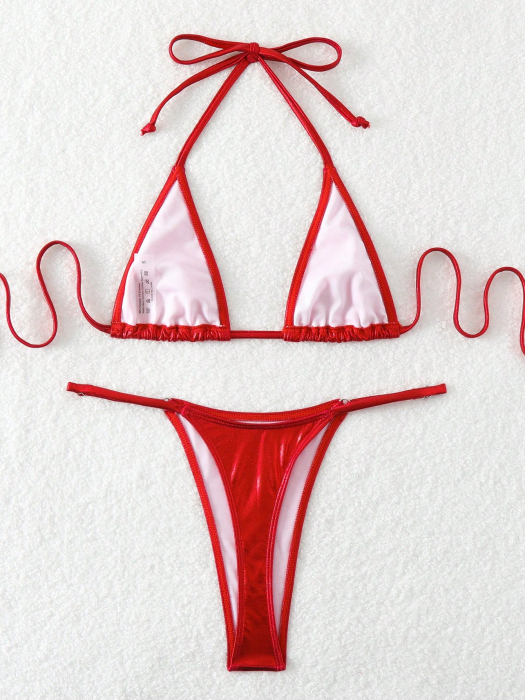 Costum de baie din 2 piese cu aspect metalic, rosu [4]
