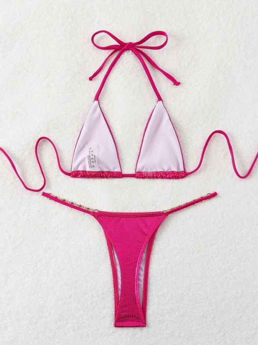 Costum de baie din 2 piese, cu aspect metalic stralucitor [5]