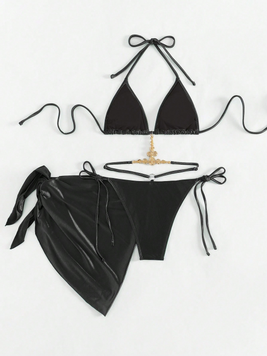 Costum de baie din 2 piese, cu aspect satinat si decupaj [3]