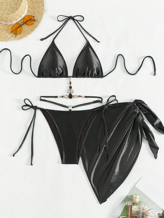 Costum de baie din 2 piese, cu aspect satinat si decupaj [6]