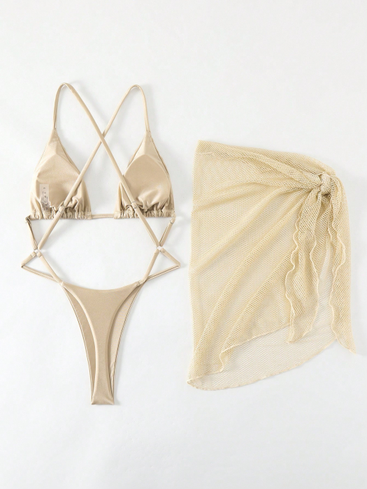 Costum de baie din 2 piese, nude, cu aspect sidefat [6]