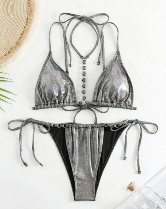 Costum de baie din 2 piese, cu aspect stralucitor [4]