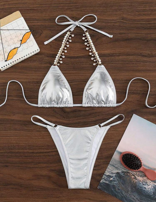 Costum de baie din 2 piese, cu aspect stralucitor [4]