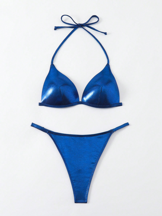 Costum de baie din 2 piese, cu aspect stralucitor si accesorii metalice [5]