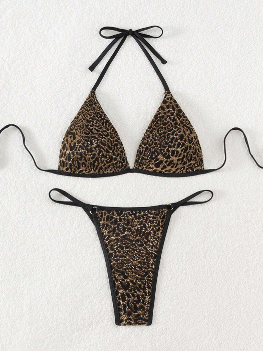 Costum de baie din 2 piese, cu imprimeu animal print si slip tanga [6]