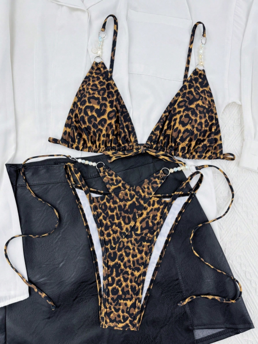 Costum de baie din 2 piese, cu imprimeu animal print si perle [4]