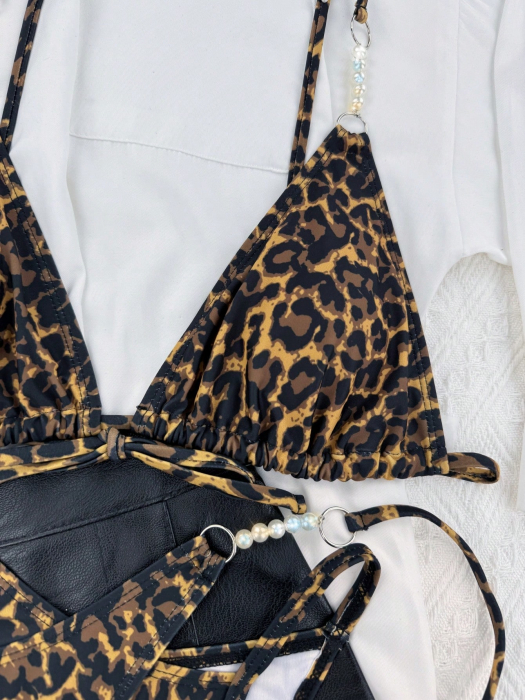 Costum de baie din 2 piese, cu imprimeu animal print si perle [3]