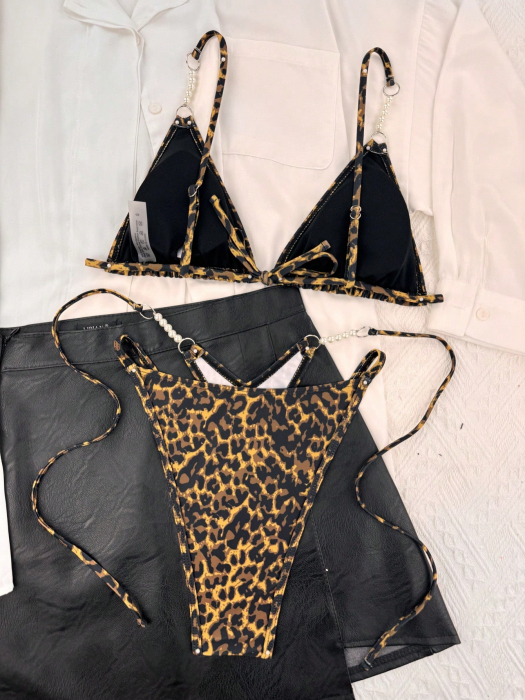 Costum de baie din 2 piese, cu imprimeu animal print si perle [2]