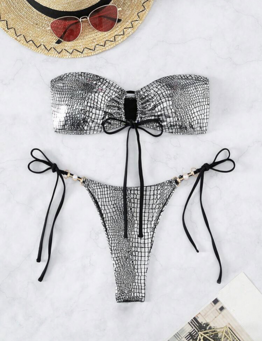 Costum de baie din 2 piese, cu imprimeu si aspect stralucitor [4]