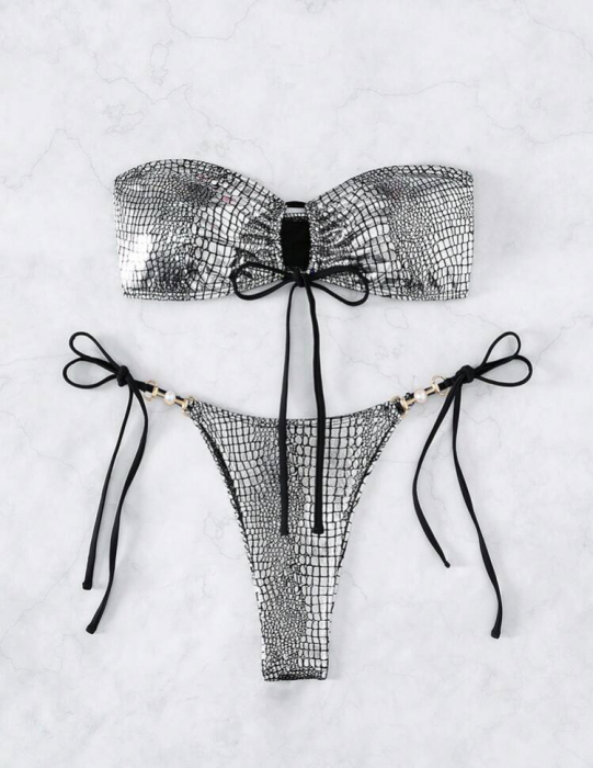 Costum de baie din 2 piese, cu imprimeu si aspect stralucitor [3]