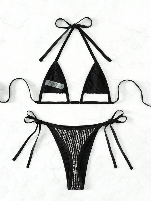 Costum de baie din 2 piese, cu paiete si slip tanga [4]