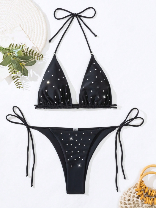 Costum de baie din 2 piese cu strasuri, negru [3]