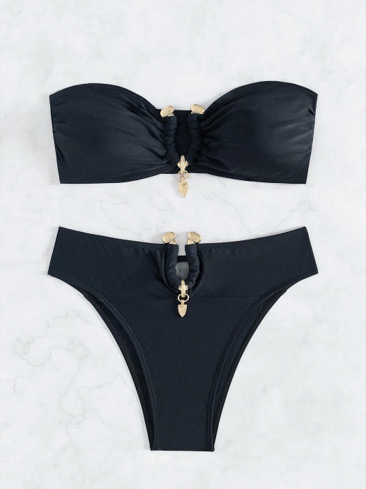 Costum de baie din 2 piese, negru, cu accesorii metalice [6]