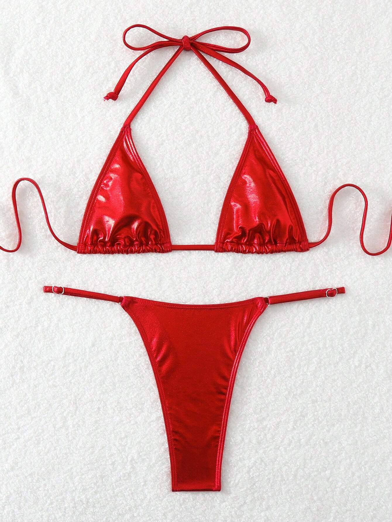 Costum de baie din 2 piese, tanga, rosu cu aspect stralucitor [3]