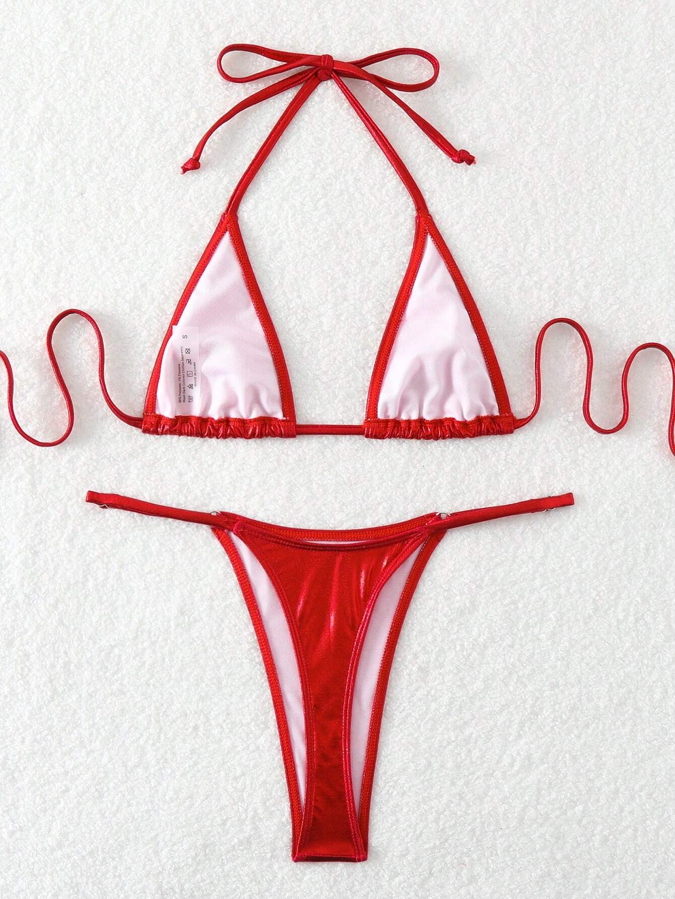 Costum de baie din 2 piese, tanga, rosu cu aspect stralucitor [4]