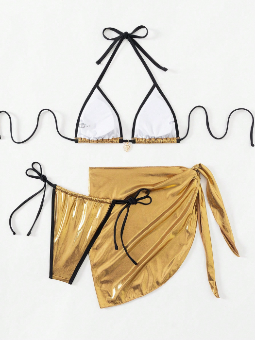 Costum de baie din 3 piese, auriu cu aspect stralucitor [7]
