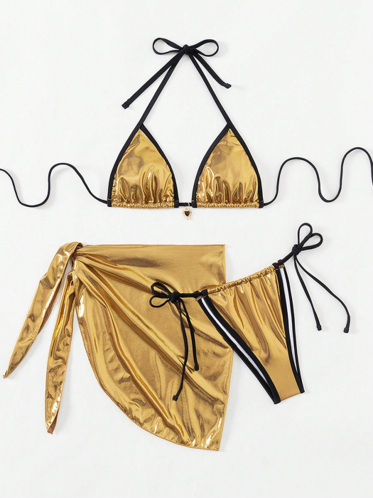 Costum de baie din 3 piese, auriu cu aspect stralucitor [4]