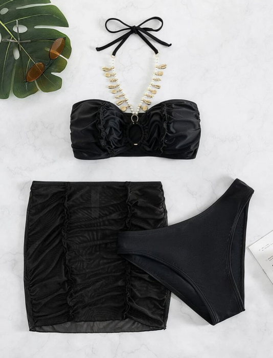 Costum de baie din 3 piese, cu accesoriu metalic [4]