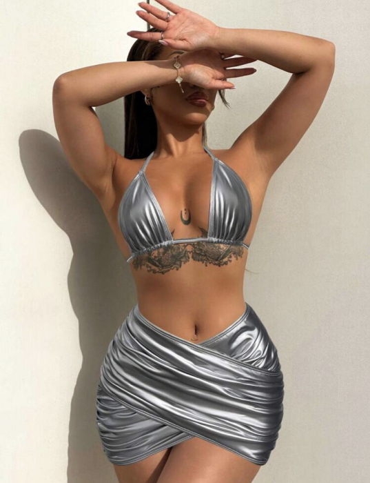 Costum de baie din 3 piese, cu aspect metalic [4]