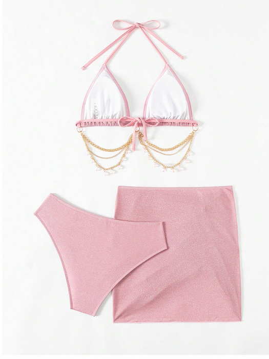 Costum de baie din 3 piese, cu aspect stralucitor si lant decorativ [4]