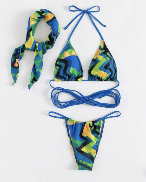 Costum de baie din 3 piese, cu imprimeu si snur [4]
