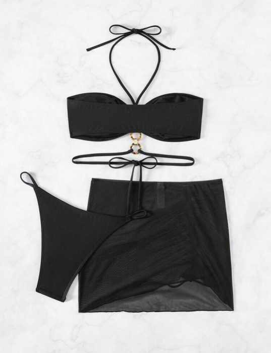 Costum de baie din 3 piese, negru cu accesoriu metalic [5]