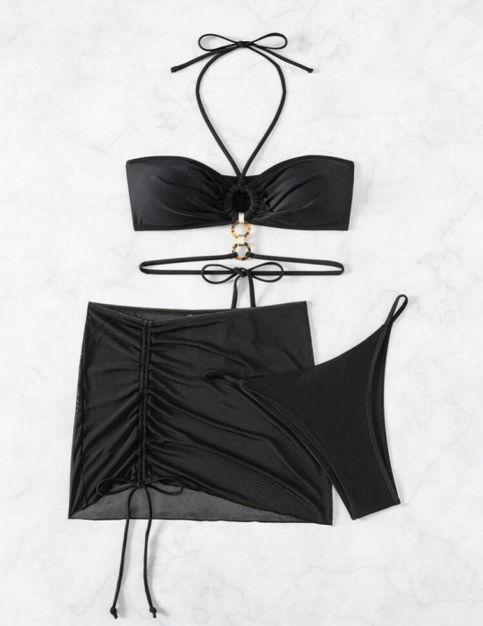 Costum de baie din 3 piese, negru cu accesoriu metalic [4]