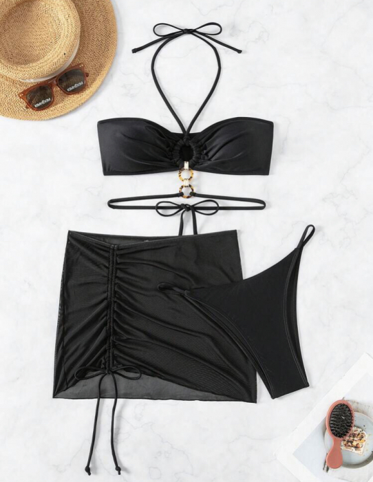 Costum de baie din 3 piese, negru cu accesoriu metalic [3]