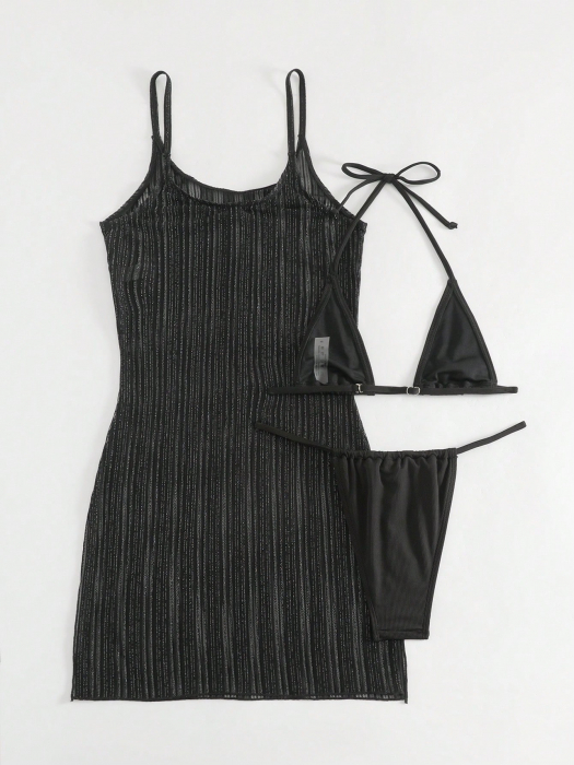 Costum de baie din 3 piese, negru, cu rochie de plaja [4]