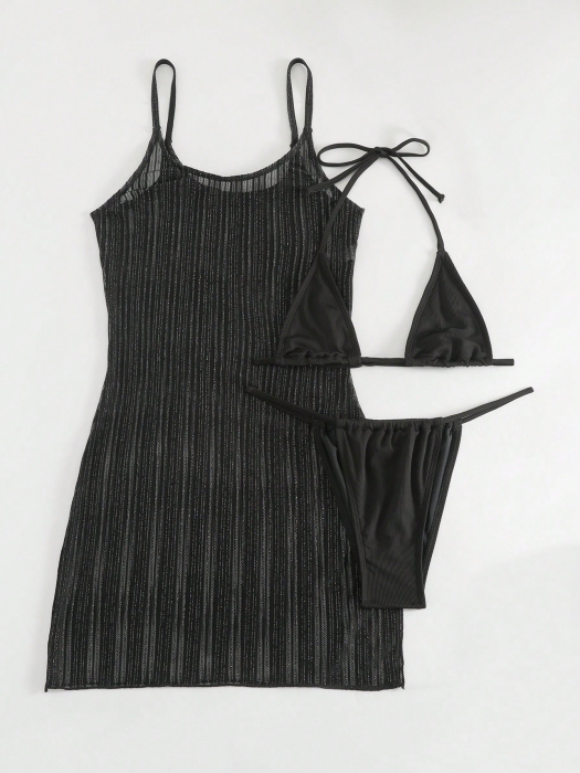 Costum de baie din 3 piese, negru, cu rochie de plaja [5]