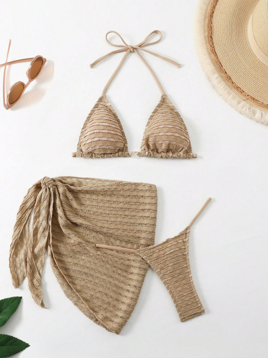 Costum de baie din 3 piese, nude, cu slip tanga [5]