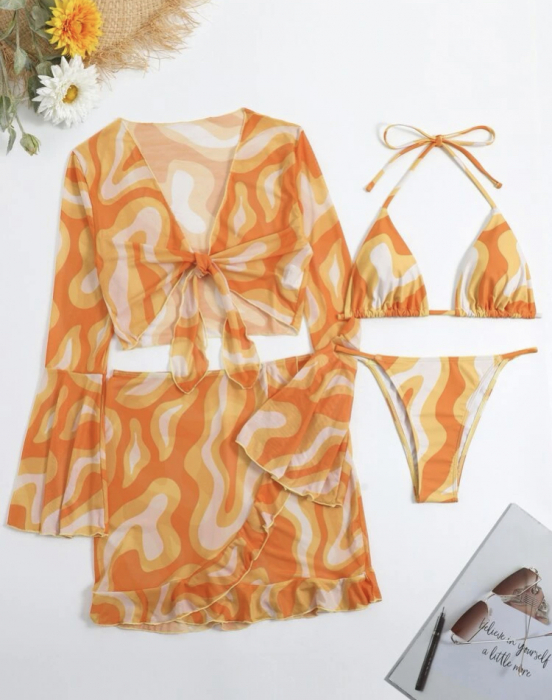 Costum de baie din 4 piese, cu imprimeu si volane [4]