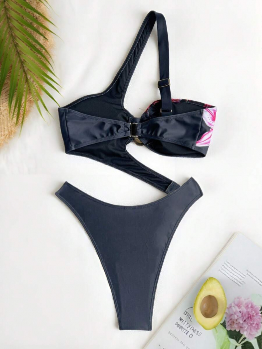 Costum de baie intreg, negru cu model floral [5]